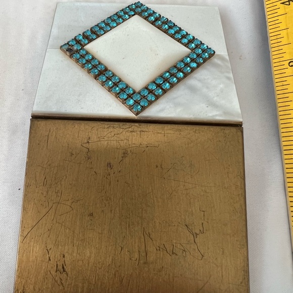 Antique Vintage Mother of Pearl & Blue Rhinestone Mirror Powder Beauty Compact - Picture 7 of 9
